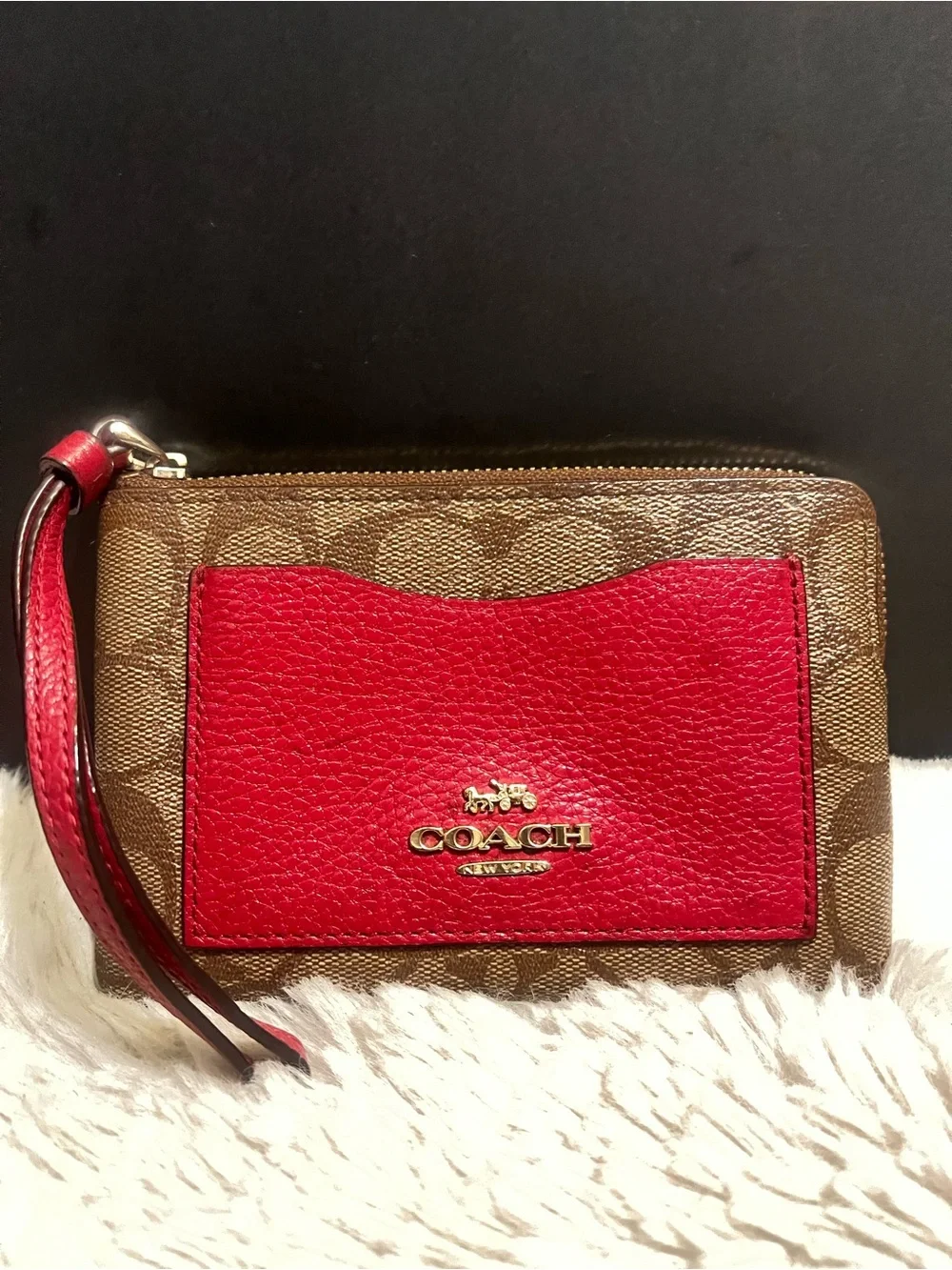 Coach Corner Color block Brown Signature Canvas Wristlet with Red Leather Pocket